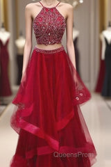 Custom Made Red Two Pieces Sequin Long Evening Prom Dress, Evening Dress