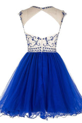 Custom Made Round Neck Cap Sleeves Beading Black Short Evening Prom Dress Royal Blue Homecoming Dress, Evening Dress 2019