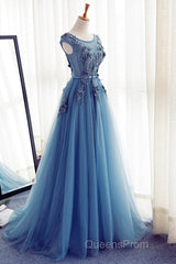 Custom Made Round Neck Sleeveless Lace Evening Prom Dress, Blue Lace Formal Dress