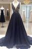 Custom Made V Neck Sweep Train Long Black Lace Evening Prom Dress, Black Long Lace Evening Dress