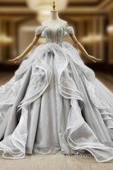 Custom Tailored Gray Ball Gown Tulle Off the Shoulder Appliques Wedding Dress