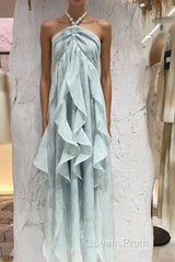 Cute A Line Halter Ruffled Floral Blue Summer Holiday Dress WomenS Long Vacation Dress