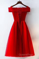 Cute A Line Off Shoulder Short Red Lace Evening Prom Dress, Short Red Bridesmaid Dress, Graduation Dress