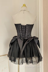 Cute A Line Strapless Black Travel Vacation Dress Short Satin Birthday Dress