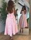 Cute A Line Straps Pink Satin Tea Length Classy Prom Dress With Bow