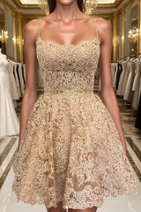 Cute Backless Short Golden Lace Evening Prom Dress, Golden Lace Homecoming Dress, Short Golden Formal Evening Dress