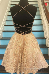 Cute Backless Short Golden Lace Evening Prom Dress, Golden Lace Homecoming Dress, Short Golden Formal Evening Dress