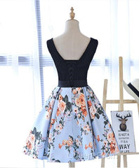 Cute Blue Floral And Black Satin Homecoming Dress In Stock, Lovely Party Dress For Teens