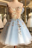 Cute Blue Lace Applique Top Off Shoulder Party Dress, Blue Homecoming Dress