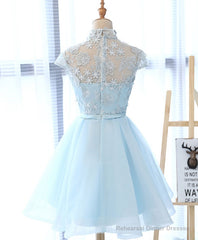 Cute Blue Lace Tulle Short Prom Dress. Cute Homecoming Dress