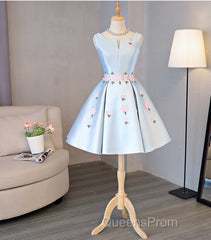 Cute Blue Satin Short Homecoming Dress Party Dress, Blue Evening Prom Dress With Flowers