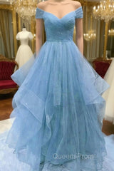 Cute Blue Tulle Sweetheart Layers Long Evening Dress, Blue Evening Gown Evening Prom Dress