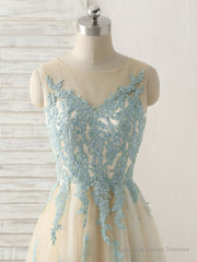 Cute Champagne Lace Long Prom Dress, A Line Tulle Bridesmaid Dress
