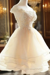 Cute Champagne Organza Layers Knee Length Homecoming Dress with Lace, Short Evening Prom Dress