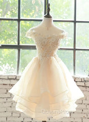 Cute Champagne Organza Layers Knee Length Homecoming Dress with Lace, Short Evening Prom Dress
