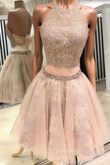 Cute champagne tulle lace short Evening Prom Dress, homecoming Dress