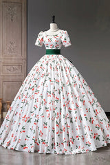 Cute Cherry Pattern Long Princess Evening Prom Dress, White A-Line Evening Party Dress