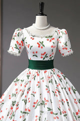 Cute Cherry Pattern Long Princess Evening Prom Dress, White A-Line Evening Party Dress