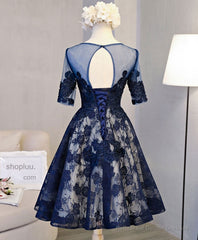 Cute Dark Blue Lace Short Prom Dress, Blue Homecoming Dress
