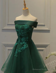 Cute Dark Green Off Shoulder Short Party Dress, Tulle Homecoming Dress