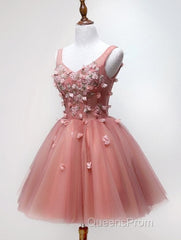 Cute Dark Pearl Pink Knee Length V-Neckline Flower Homecoming Dress, New Party Dress