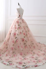 Cute Floral Long Prom Dress with Lace, A-Line Scoop Neckline Party Dress
