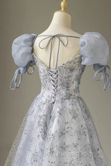 Cute Floral Printed Long Evening Prom Dress A Line Puff Sleeves Blue Party Gown