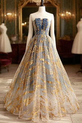 Cute Gradient Tulle Long Evening Dress, A-Line Strapless Evening Prom Dress Evening Dress