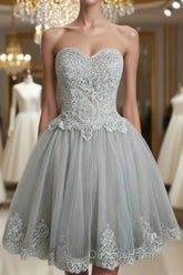 Cute Gray Tulle Lace Short Evening Prom Dress, Gray Homecoming Dress