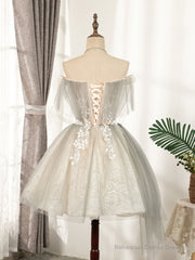 Cute Gray Tulle Lace Short Prom Dress, Gray Tulle Puffy Homecoming Dress