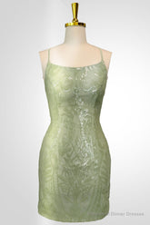 Cute Green Spaghetti straps Lace Up Sequined Homecoming Party Dress