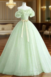 Cute Green Tulle Ball Gown Sweetheart Party Dress, Green Shiny Tulle Evening Prom Dress