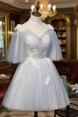 Cute Grey Tulle Straps Short Homecoming Dress Grey Party Dress, Tulle Bridesmaid Dress