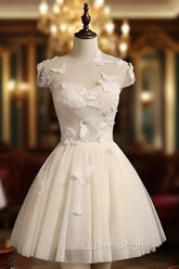 Cute Ivory Tulle Cap Sleeves Cute Homecoming Dress Graduation Dress, Short Evening Prom Dress