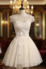Cute Ivory Tulle Cap Sleeves Cute Homecoming Dress Graduation Dress, Short Evening Prom Dress