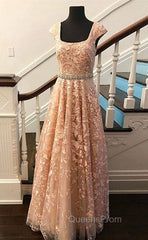 Cute Lace Champagne Evening Prom Dress, Lace Evening Dress