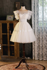 Cute Lace Short A-Line Evening Prom Dress, Champagne Mini Homecoming Party Dress