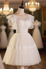 Cute Lace Short A-Line Evening Prom Dress, Champagne Mini Homecoming Party Dress