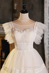 Cute Lace Short A-Line Evening Prom Dress, Champagne Mini Homecoming Party Dress