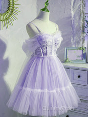 Cute Lavender Tulle Short Straps Homecoming Dresss, Tulle Sweetheart Evening Prom Dress
