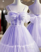 Cute Lavender Tulle Short Straps Homecoming Dresss, Tulle Sweetheart Evening Prom Dress
