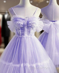 Cute Lavender Tulle Short Straps Homecoming Dresss, Tulle Sweetheart Evening Prom Dress