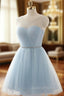 Cute Light Blue Homecoming Dress With Belt, Lovely Short Evening Prom Dress