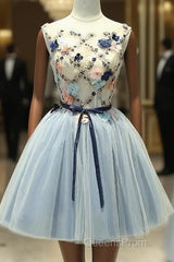 Cute Light Blue Short Tulle Homecoming Dress, Blue Evening Prom Dress