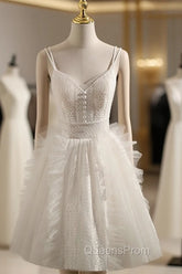 Cute Light Champagne Lace Tulle Short Evening Prom Dress, Puffy Homecoming Dress