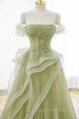 Cute Light Green A-Line Beaded Tulle Party Dress, Light Green Long Evening Prom Dress