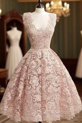 Cute Light Pink Lace Short Evening Prom Dress, Lace Bridesmaid Dress