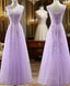 Cute Light Purple Tulle with Lace V-neckline Evening Prom Dress, Long Evening Gown Evening Dress