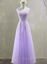 Cute Light Purple Tulle with Lace V-neckline Evening Prom Dress, Long Evening Gown Evening Dress
