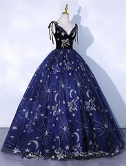 Cute Navy Blue Ball Gown V-Neckline Party Dress, Navy Blue Sweet 16 Dress